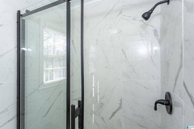 bathroom featuring a shower with shower door