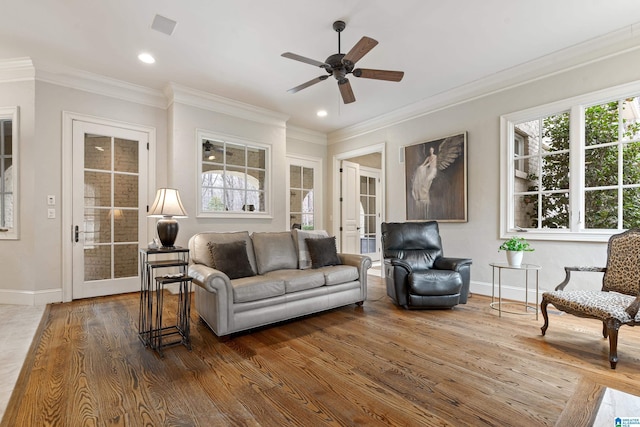 living room featuring ceiling fan, ornamental molding, and wood-type flooring