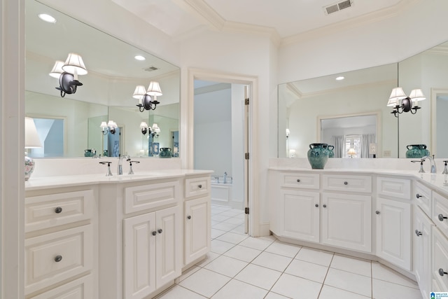 bathroom featuring vanity, tile patterned floors, a notable chandelier, and crown molding