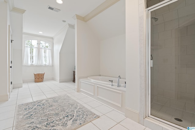 bathroom with plus walk in shower, tile patterned floors, and ornamental molding