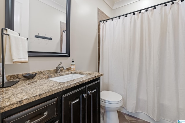 bathroom with toilet, curtained shower, ornamental molding, tile patterned floors, and vanity