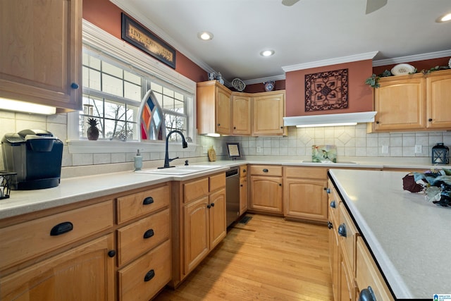 kitchen with decorative backsplash, sink, light hardwood / wood-style flooring, and ornamental molding