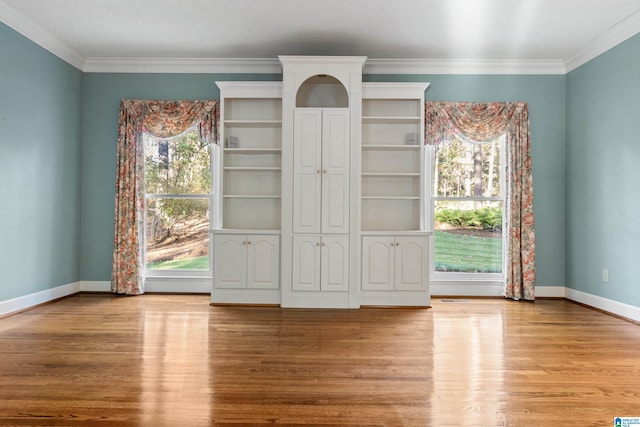 interior space featuring light hardwood / wood-style floors, ornamental molding, and a healthy amount of sunlight