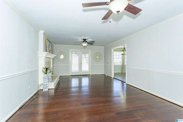 interior space with crown molding, ceiling fan, dark hardwood / wood-style floors, and french doors