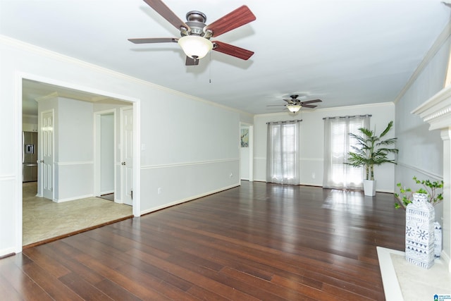 unfurnished living room with dark wood-type flooring and crown molding