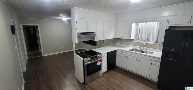 kitchen with a textured ceiling, black appliances, white cabinetry, sink, and dark hardwood / wood-style floors