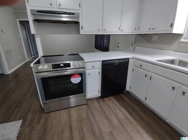 kitchen with black dishwasher, stainless steel electric range, white cabinets, kitchen peninsula, and dark hardwood / wood-style floors