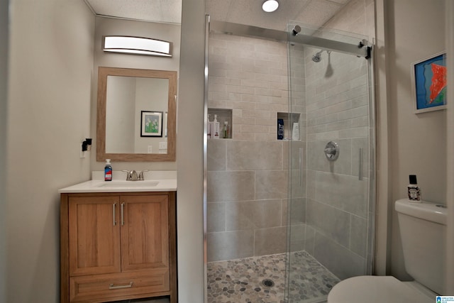 bathroom featuring vanity, toilet, and a shower with shower door