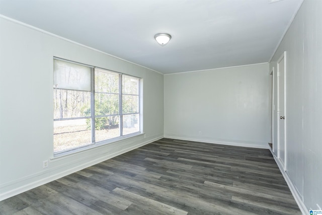 empty room featuring dark hardwood / wood-style floors and ornamental molding