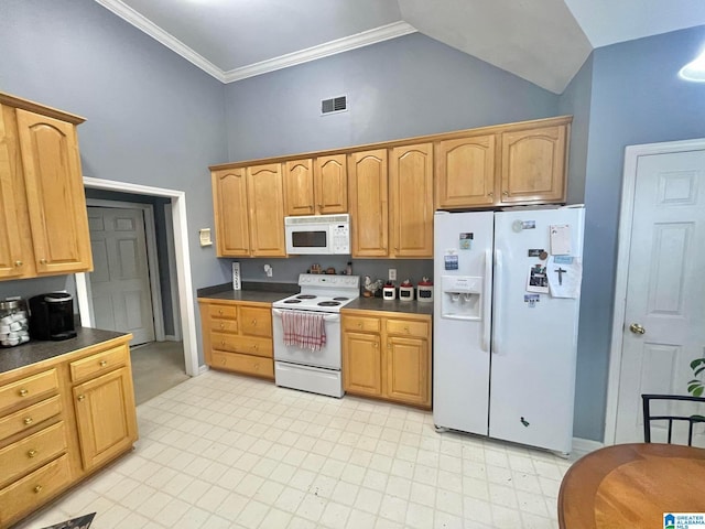 kitchen with crown molding, white appliances, and high vaulted ceiling