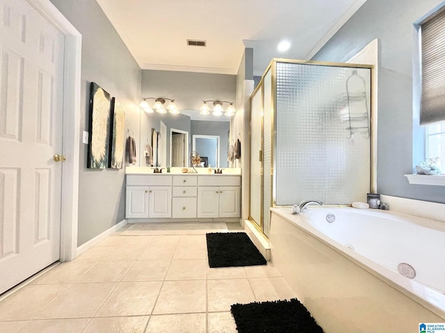 bathroom with tile patterned flooring, vanity, ornamental molding, and plus walk in shower