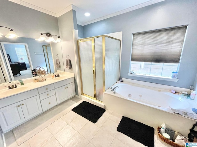 bathroom with vanity, tile patterned flooring, crown molding, and separate shower and tub