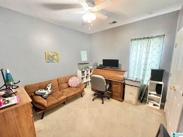 office featuring ceiling fan and light colored carpet