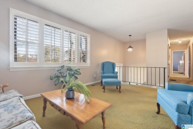 carpeted living room with a textured ceiling