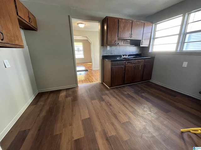 kitchen featuring decorative backsplash, sink, and dark hardwood / wood-style flooring