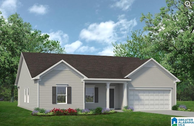 ranch-style house featuring a front yard and a garage