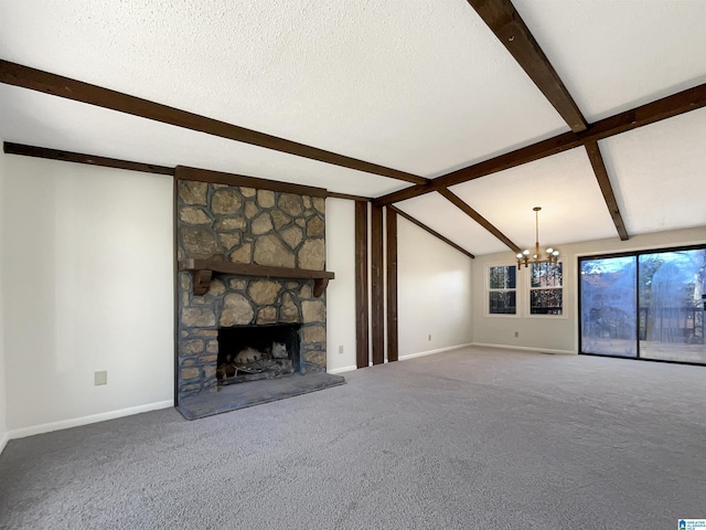 unfurnished living room with a stone fireplace, carpet floors, vaulted ceiling with beams, a notable chandelier, and a textured ceiling