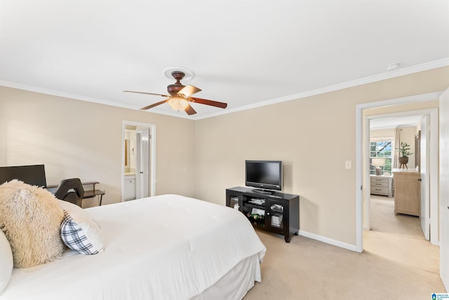 bedroom with crown molding, ceiling fan, and light colored carpet