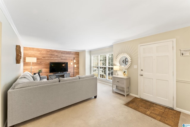 living room with ornamental molding, light parquet flooring, and wood walls