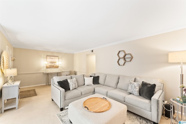 carpeted living room with crown molding