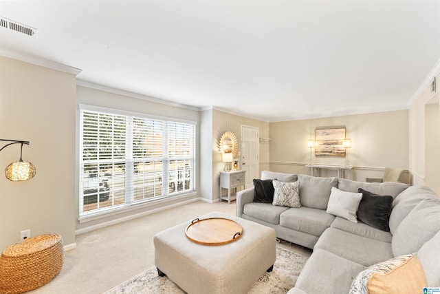 carpeted living room featuring ornamental molding