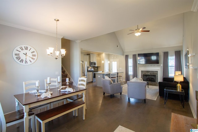 dining room with high vaulted ceiling, dark hardwood / wood-style flooring, and ceiling fan with notable chandelier