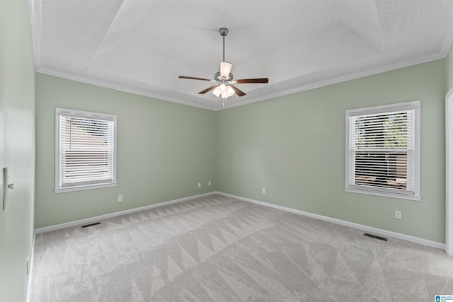 empty room featuring light colored carpet, a tray ceiling, and ornamental molding