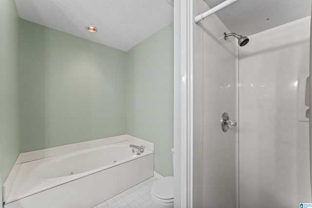 bathroom with a textured ceiling, plus walk in shower, toilet, and tile patterned flooring