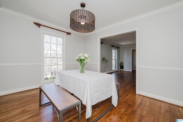 dining room with crown molding and dark wood-type flooring