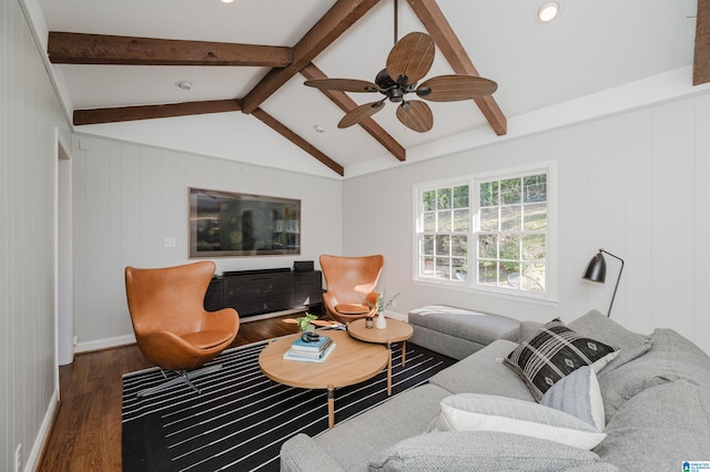 living room with ceiling fan, dark hardwood / wood-style floors, and lofted ceiling with beams