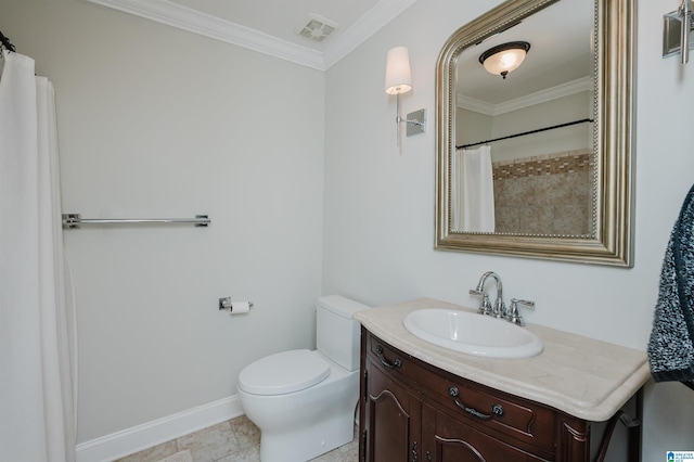 bathroom with ornamental molding, vanity, and toilet