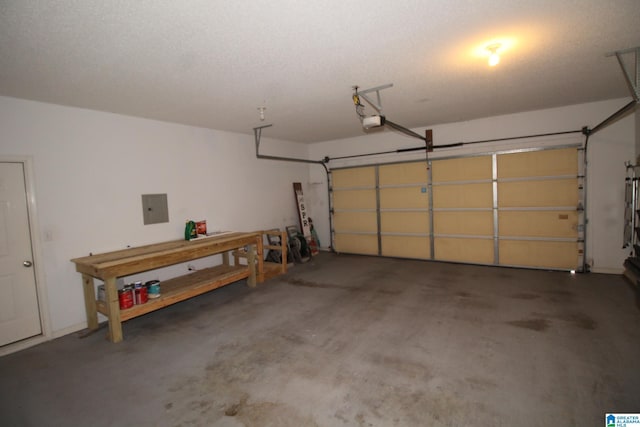 garage with electric panel and a garage door opener