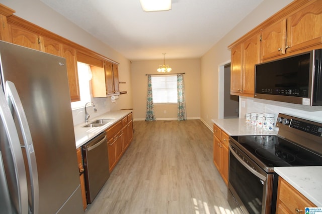 kitchen featuring pendant lighting, stainless steel appliances, decorative backsplash, sink, and light wood-type flooring