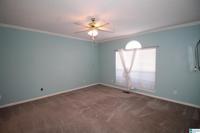 carpeted empty room with ceiling fan and crown molding