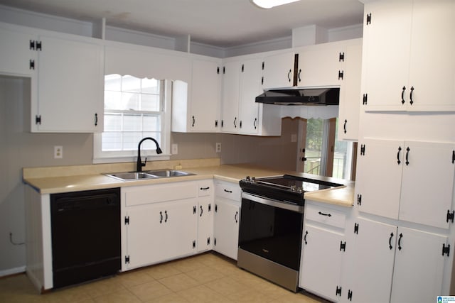 kitchen with dishwasher, white cabinetry, light tile patterned floors, stainless steel range with electric stovetop, and sink