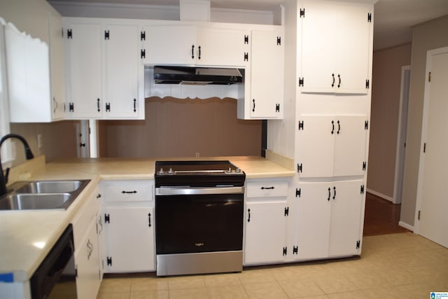 kitchen with sink, white cabinetry, electric range oven, and black dishwasher