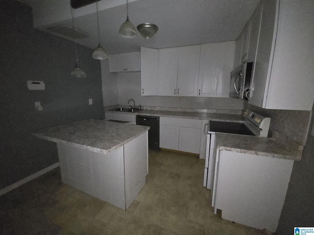 kitchen with black dishwasher, white cabinetry, range with electric cooktop, hanging light fixtures, and sink