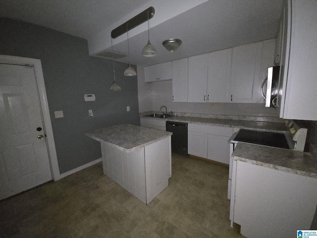 kitchen with pendant lighting, white cabinets, dishwasher, a center island, and sink