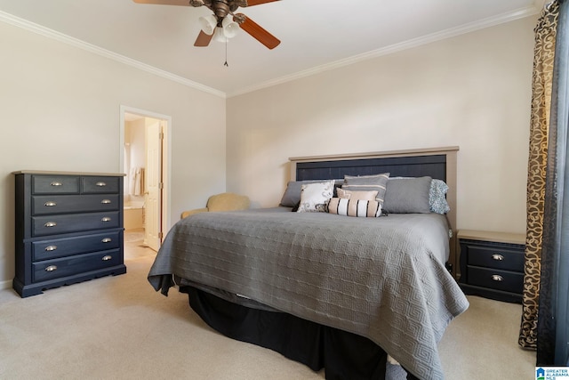 carpeted bedroom featuring crown molding, ceiling fan, and connected bathroom