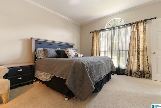 carpeted bedroom featuring ornamental molding