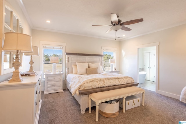 bedroom with crown molding, carpet flooring, ceiling fan, and ensuite bathroom