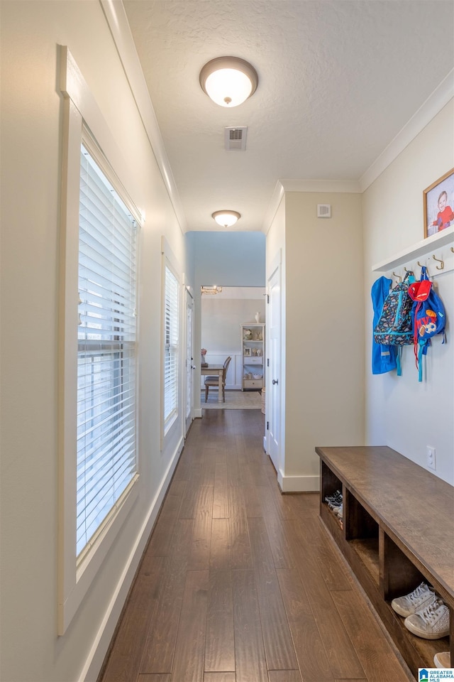 hallway featuring crown molding, dark hardwood / wood-style flooring, and a textured ceiling