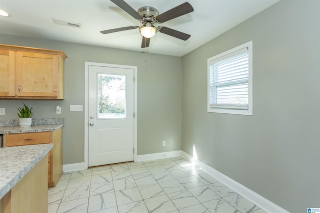 entryway featuring ceiling fan and a wealth of natural light