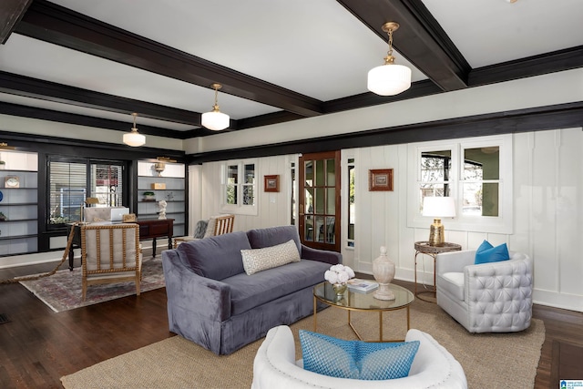 living room featuring crown molding, plenty of natural light, beam ceiling, and dark hardwood / wood-style flooring