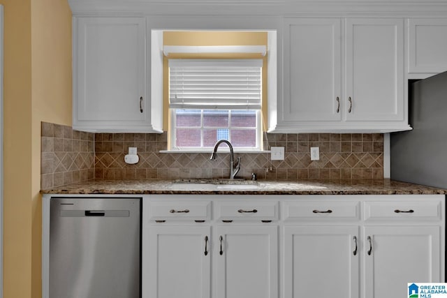 kitchen featuring stone countertops, sink, white cabinets, decorative backsplash, and stainless steel appliances