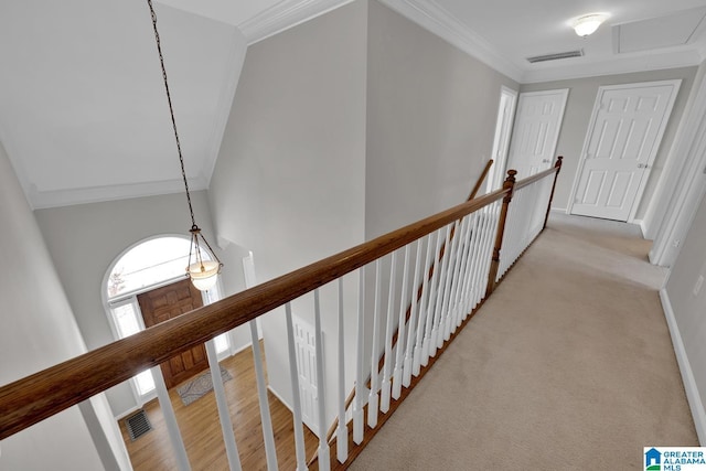 hallway featuring crown molding and light carpet