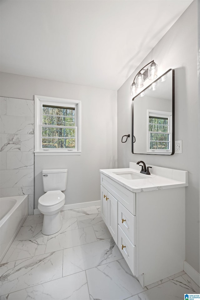 full bathroom with bathtub / shower combination, vanity, toilet, and plenty of natural light