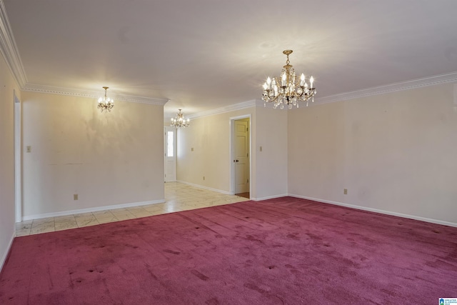 carpeted spare room featuring an inviting chandelier and ornamental molding