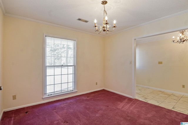 carpeted spare room with an inviting chandelier and crown molding