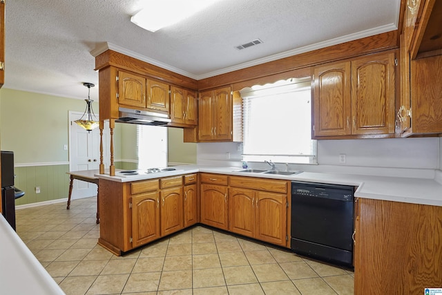 kitchen featuring pendant lighting, black dishwasher, sink, kitchen peninsula, and crown molding